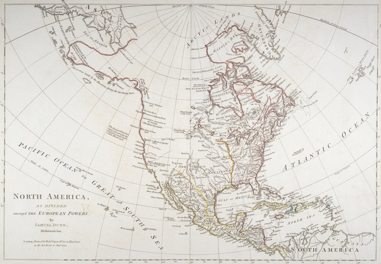Térkép, amely Észak-Amerikát az európai hatalmak által kettéosztott állapotban ábrázolja, 1774 alkotó: American School
