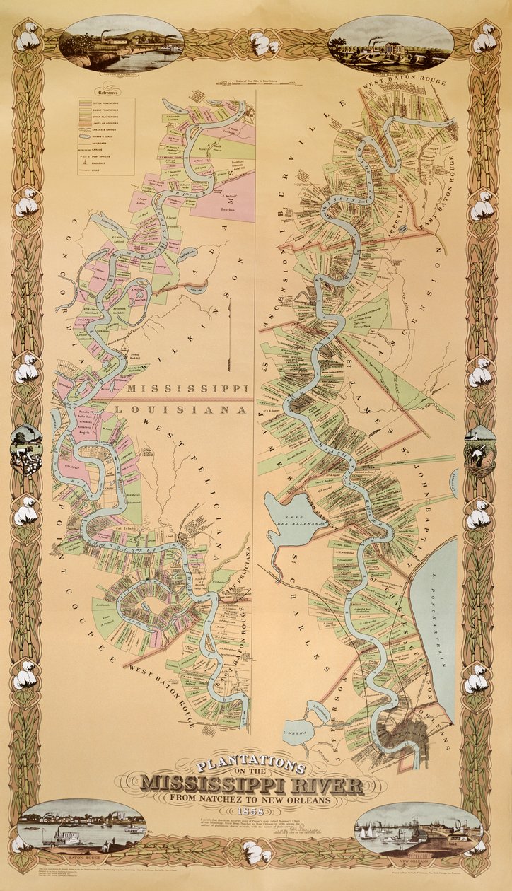 A Mississippi folyó ültetvényeit ábrázoló térkép Natcheztől New Orleansig, 1858 alkotó: American School
