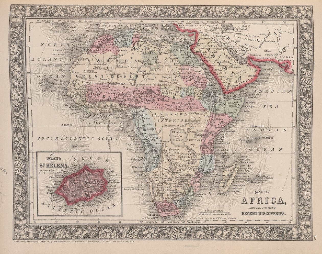 Afrika térképe, amelyen a legutóbbi felfedezések láthatók Szent Ilona szigetével, Mitchells új általános atlaszából, 1863-ból (színes metszet) alkotó: American School