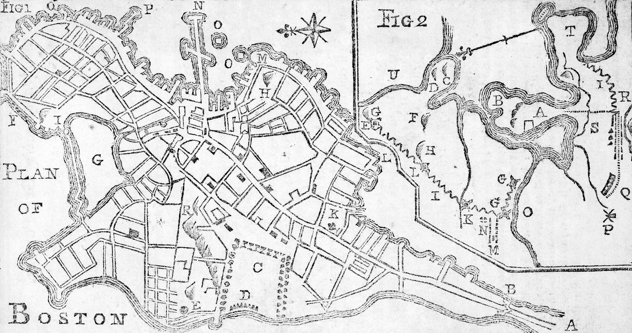 Boston térképe, nyomtatva: Bickerstaffs Albany Almanack, 1776 (nyomtatott) alkotó: American School