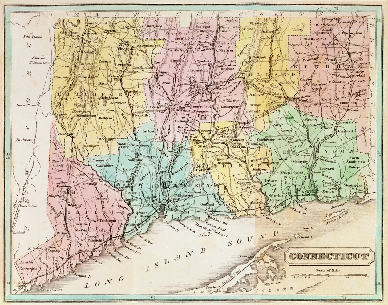 Connecticut térképe, John Warner Barber „Connecticut Historical Collections” című könyvéből, 1856 alkotó: American School
