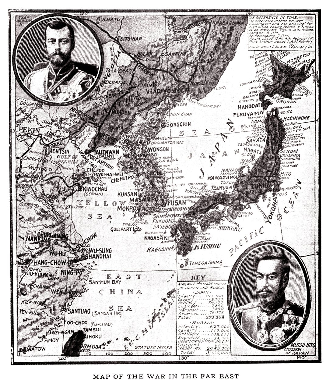 Kelet-Oroszország, Korea és Japán térképe a japán-orosz konfliktus idején (1904-1905). A medalionban II. Miklós orosz cár (1868-1918) és Meidzsi japán császár (1852-1912). Illusztráció, a "Oroszország és Japán és a háború teljes története a alkotó: American School