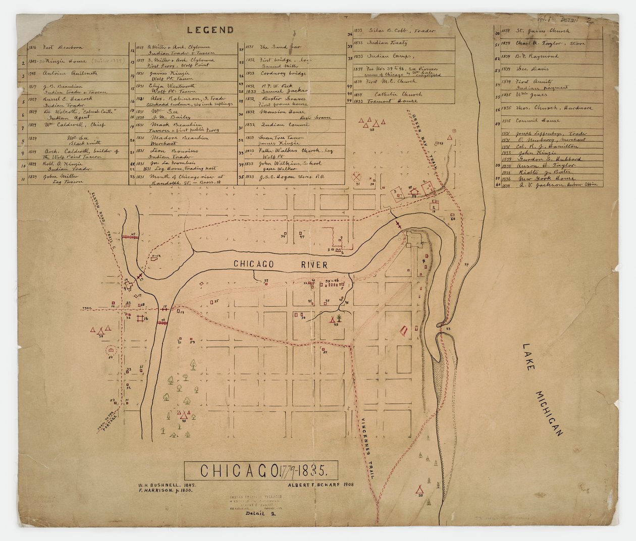 Térkép történelmi házak és helyszínek Chicago, Illinois, 1835 körül alkotó: American School