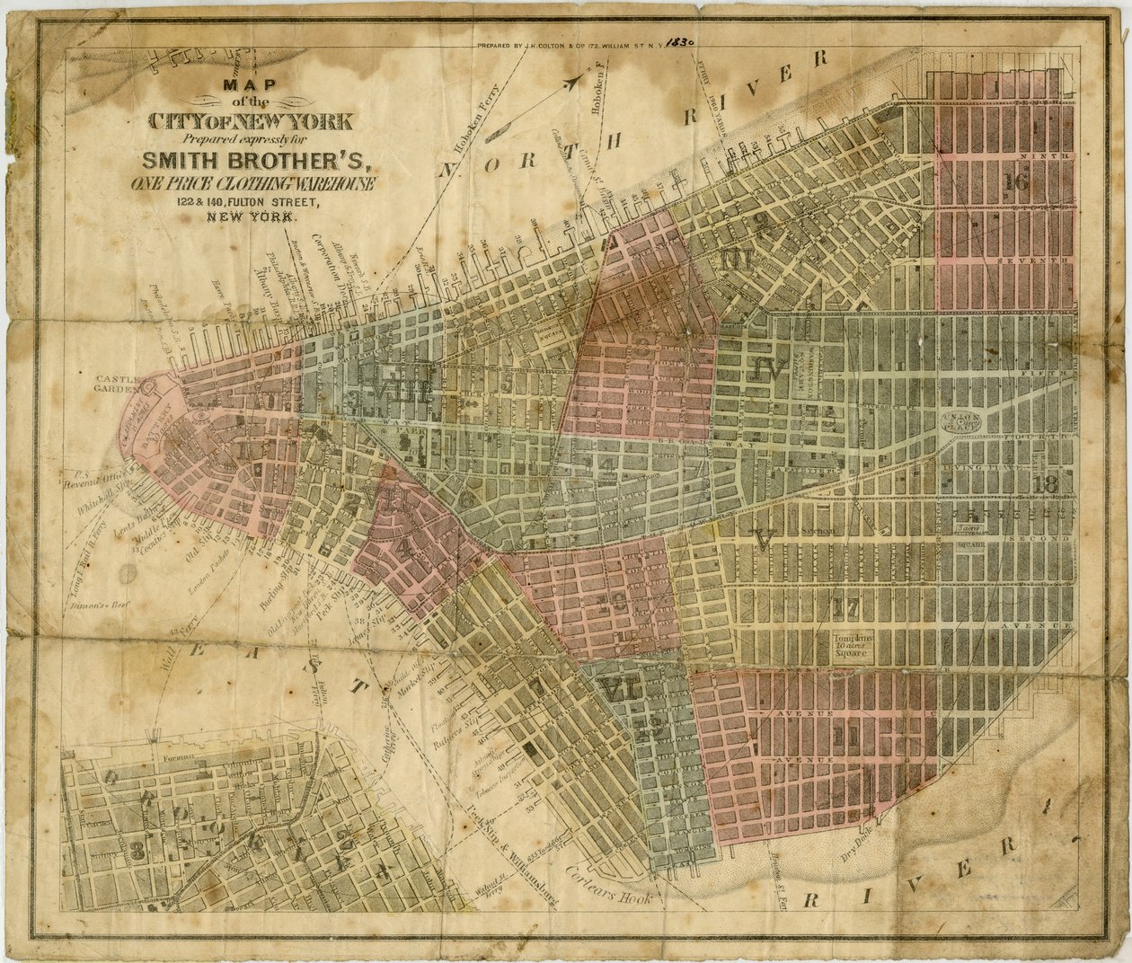 New York város térképe: kifejezetten a Smith Brother számára készült, egy árú ruharaktár... készítette: J.H. Colton & Co., 1854-1869 (fekete és színes tinta papíron) alkotó: American School