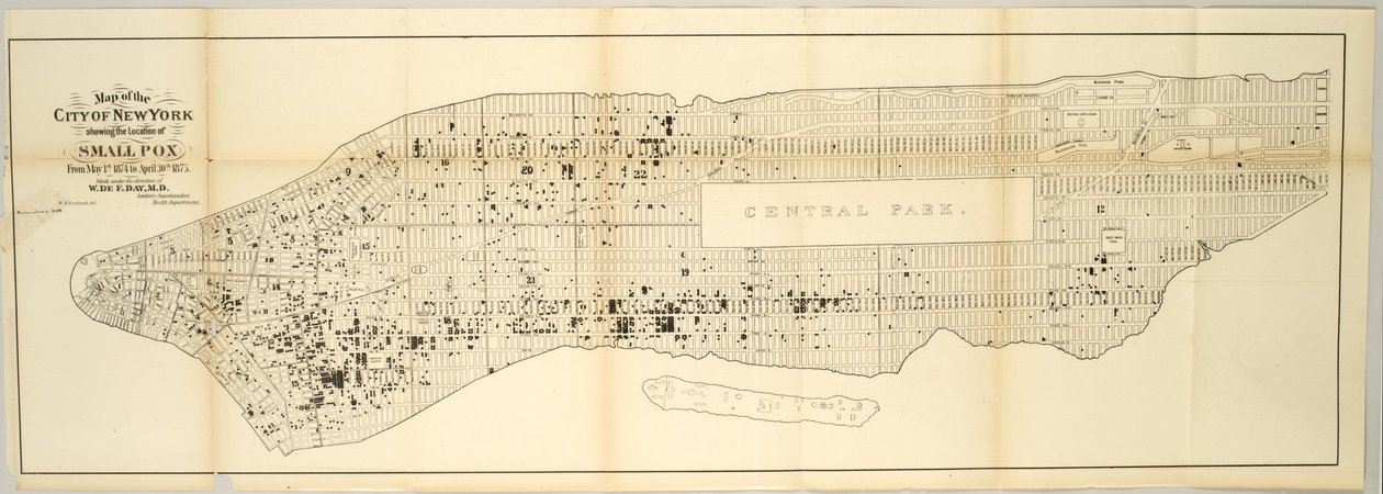 New York város térképe, amelyen a himlő helye látható 1874. május 1. és 1875. április 30. között. alkotó: American School