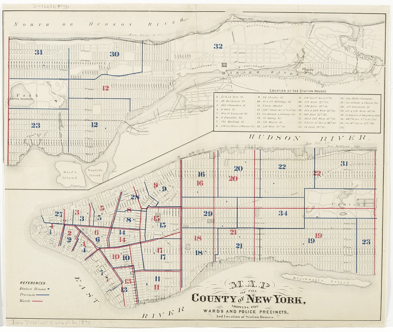New York megye térképe, amelyen az osztályok és a rendőrségi körzetek, valamint az állomásházak elhelyezkedése látható., 1870 (tintával, papíron) alkotó: American School