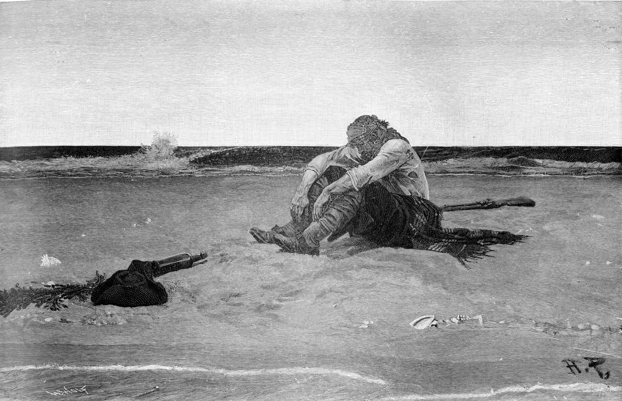 Maroonált kalóz Howard Pyle (1853 - 1911) amerikai illusztrátor „Buccaneers and Marooners of the Spanish Main” nyomán. Grisaille. 1887. alkotó: American School