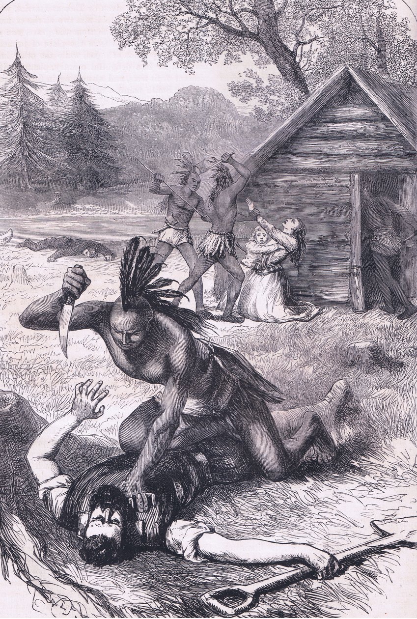A telepesek mészárlása, illusztráció Cassell History of the United States pubjából, Petter & Galpin 1890 körül alkotó: American School