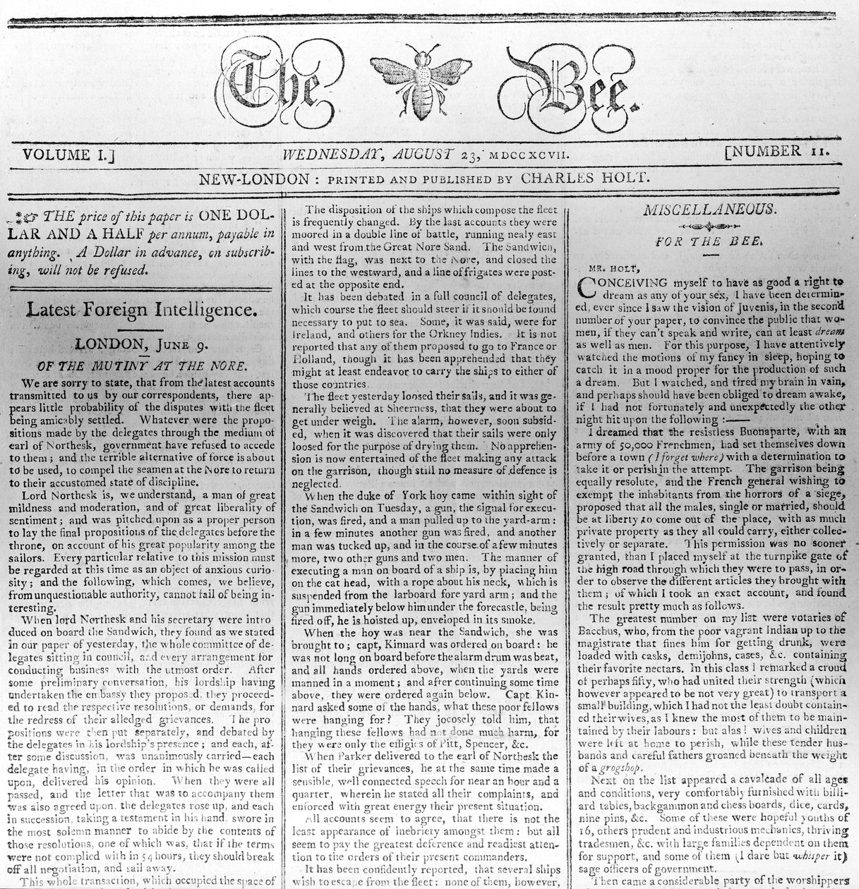 A The Bee árboccíme, nyomtatva 1797. augusztus 23-án (nyomtatott) alkotó: American School