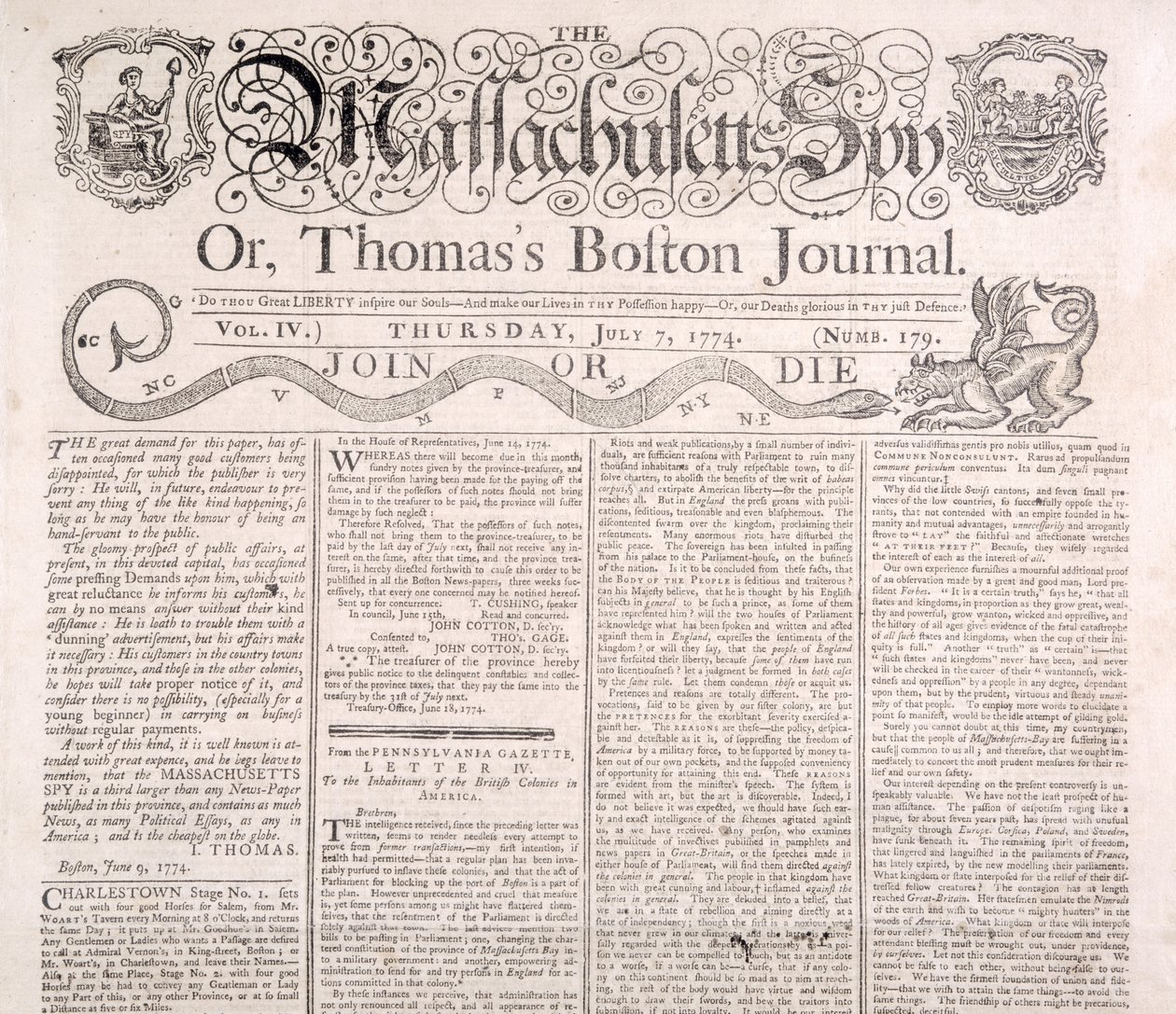 A Massachusetts-i kém fejléce, 1774. július 7. (nyomtatott) alkotó: American School