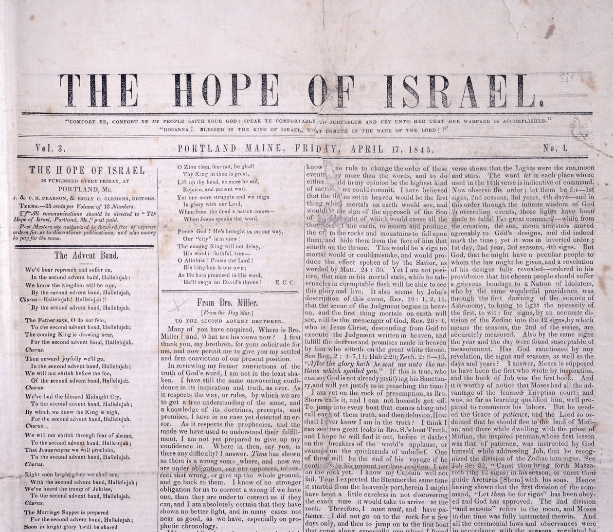 A The Hope of Israel szalagcíme, nyomtatva, Portland, Maine, 1845. április 17. (nyomtatott) alkotó: American School