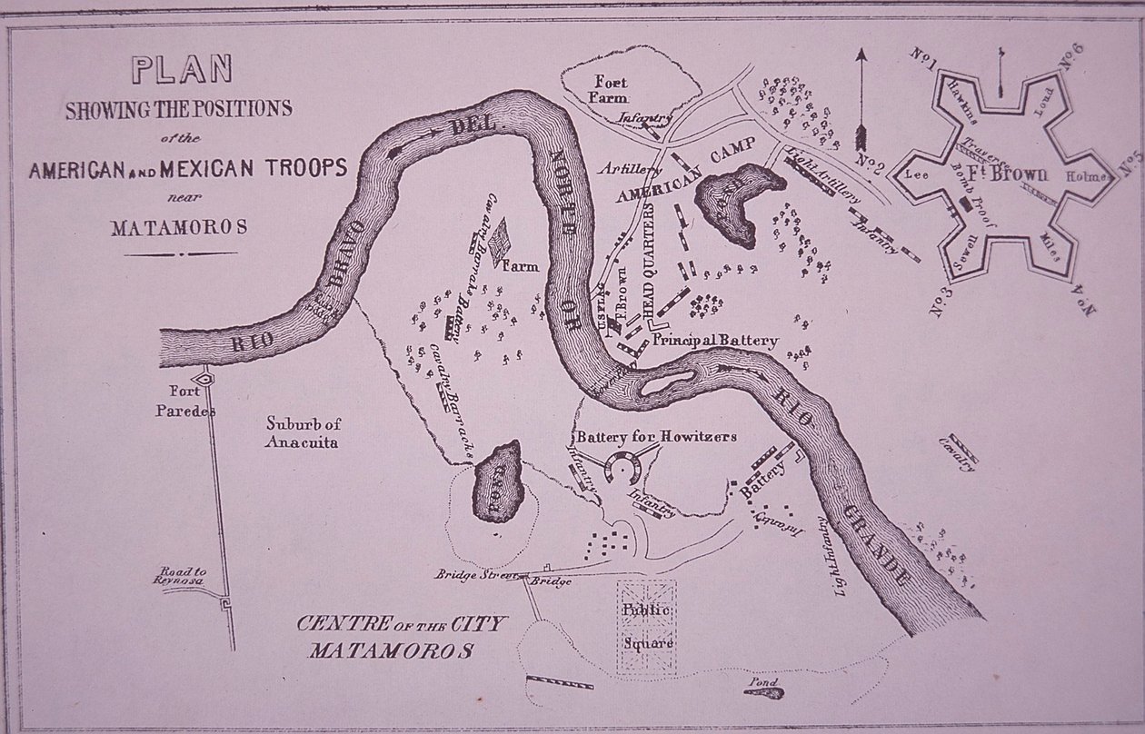 Mexikói-amerikai háború (1846-48), az amerikai csapatok térképe Rio Grande és Matamoros közelében alkotó: American School