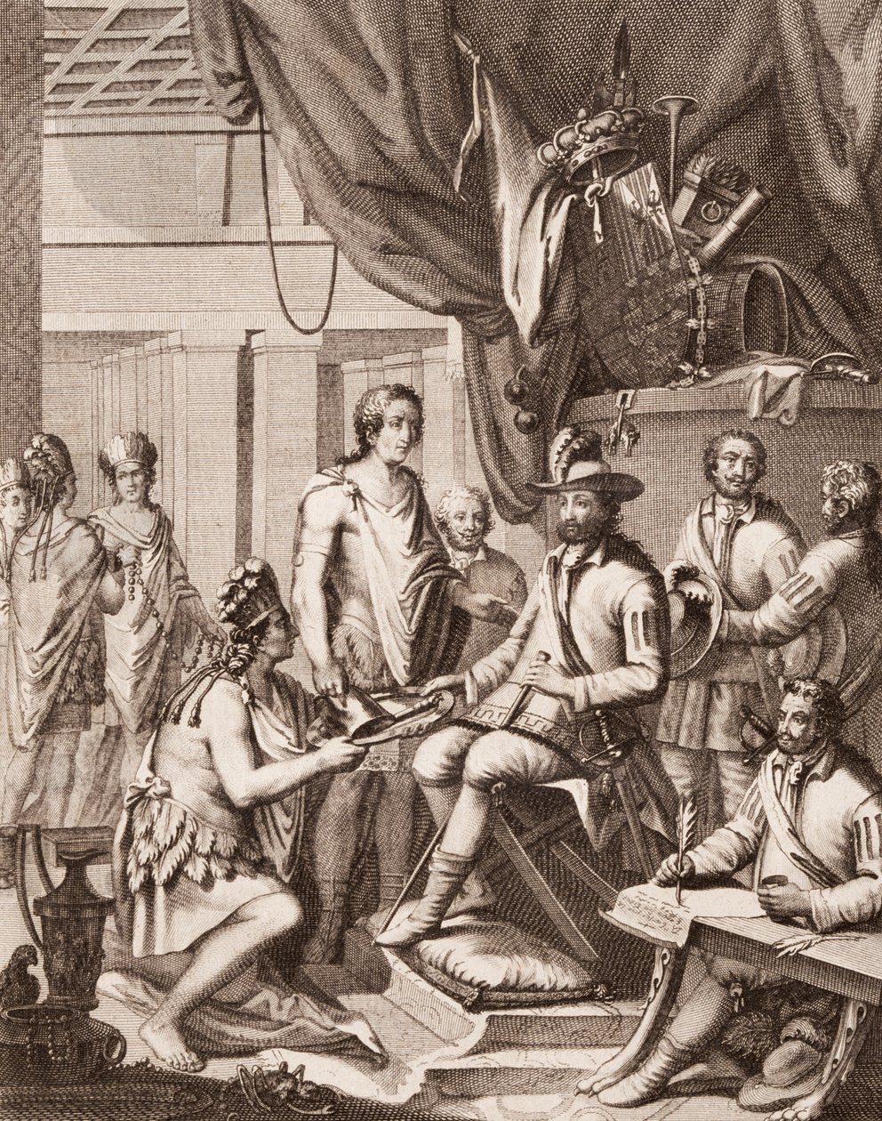Montezuma átadja birodalmát a spanyol királynak, adót ad neki, és engedelmességet ígér, Antonio de Solis y Rivadeneira Solis Mexikó hódításának története, Ximeno metszete alkotó: American School