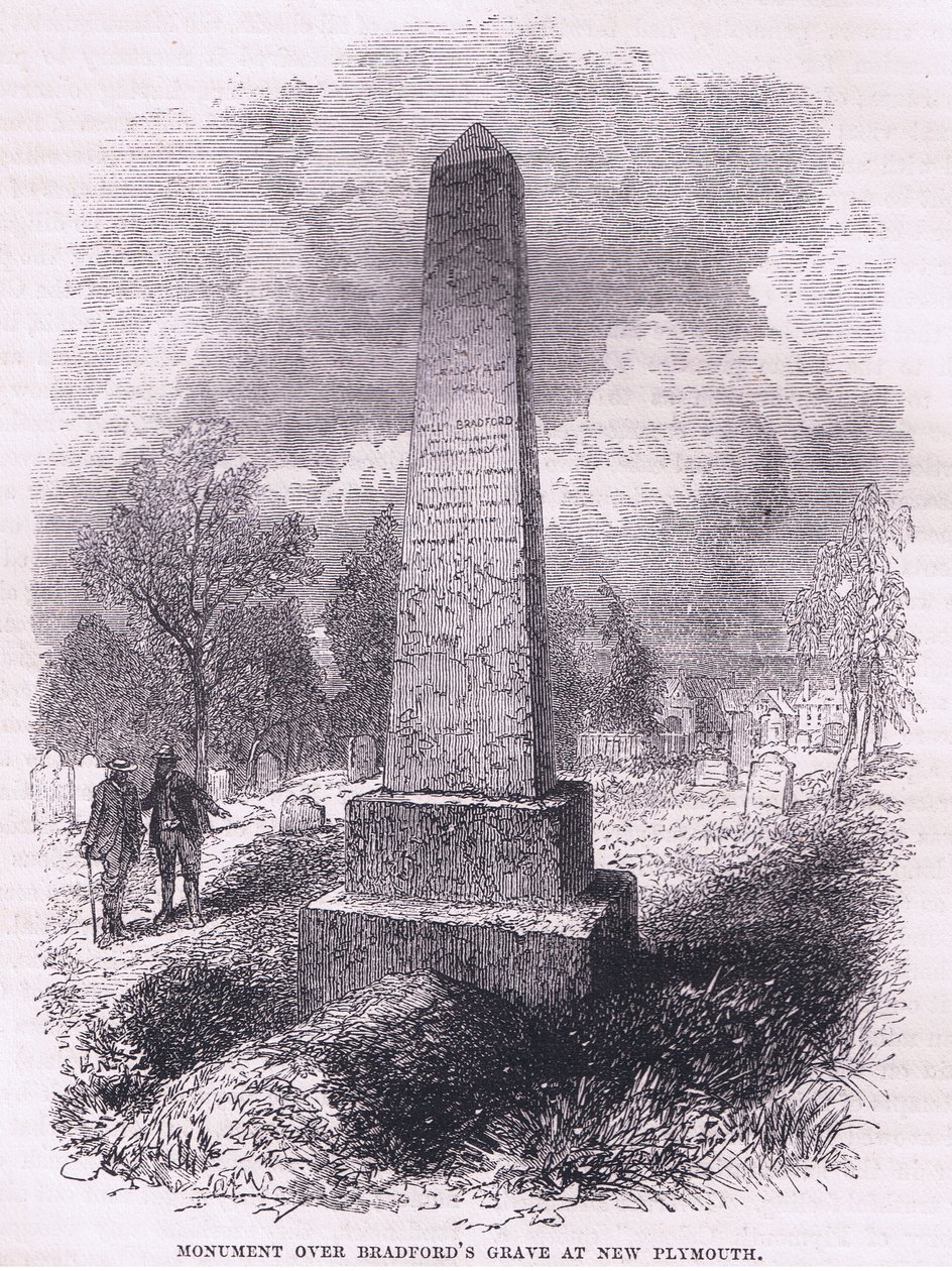 Emlékmű Bradford sírja fölött, New Plymouth 1641-ben, illusztráció Cassell története az Egyesült Államok pubjából. készítette: Petter & Galpin 1890 körül (litho) alkotó: American School