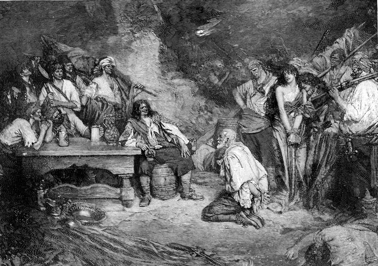 Morgan a Porto Bellóban Howard Pyle „Buccaneers and Marooners of the Spanish Main” után alkotó: American School