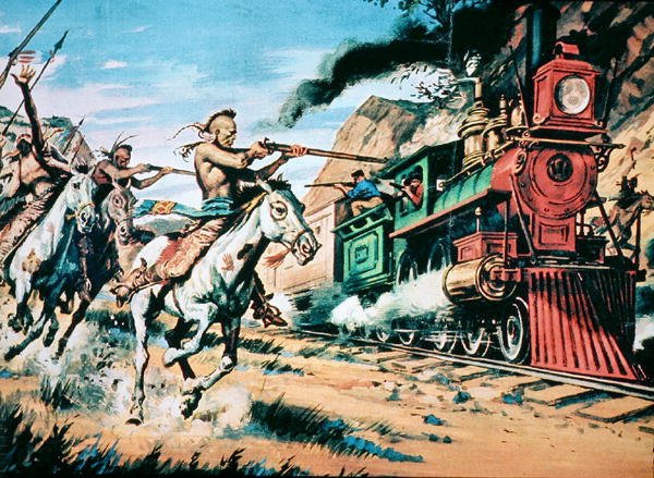 Az indián harcosok megtámadják a megszálló „vas lovat” (olaj, vászon) alkotó: American School