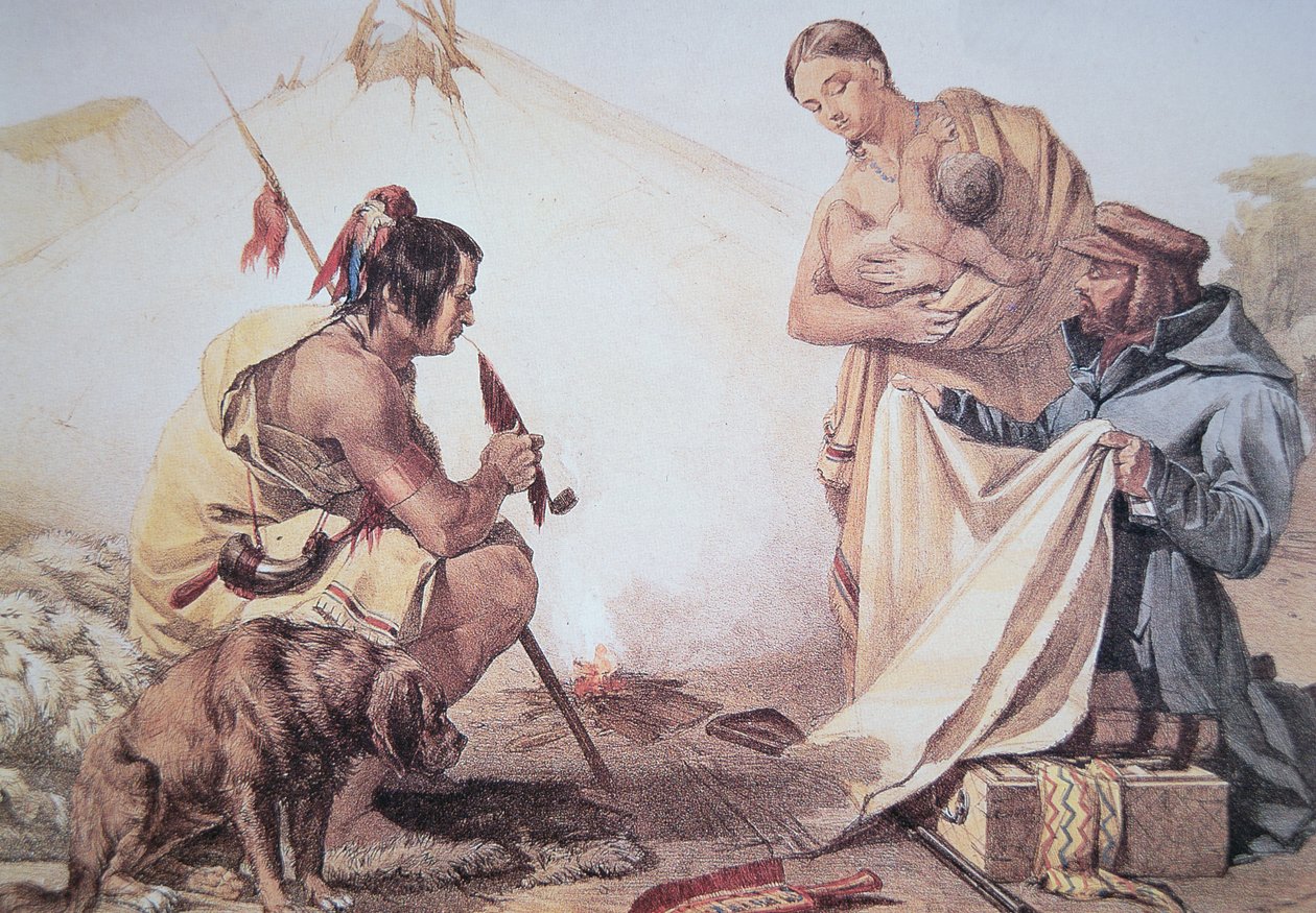Az amerikai őslakosok szőrmével kereskednek (színes litho) alkotó: American School