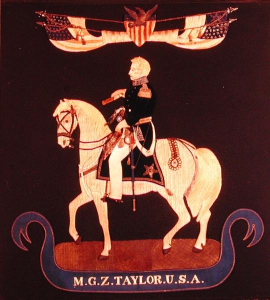 Zachary Taylor vezérőrnagyot ábrázoló kézimunka kép lóháton, 1846-55 körül (nemez, selyem, len, pamut, fém, bőr, üveg, festék) alkotó: American School