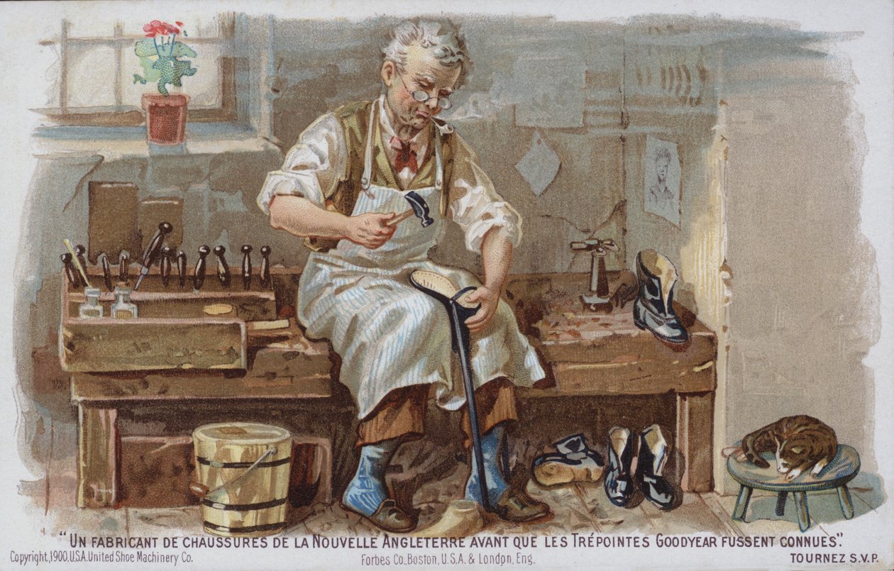 New England-i cipőkészítő a Goodyear welt bevezetése előtti időkből (chromolitho) alkotó: American School