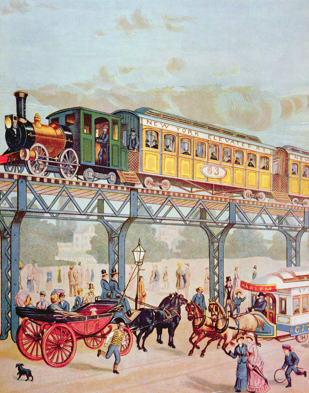 New York Elevated Railway, 1880 körül (színes litho) alkotó: American School