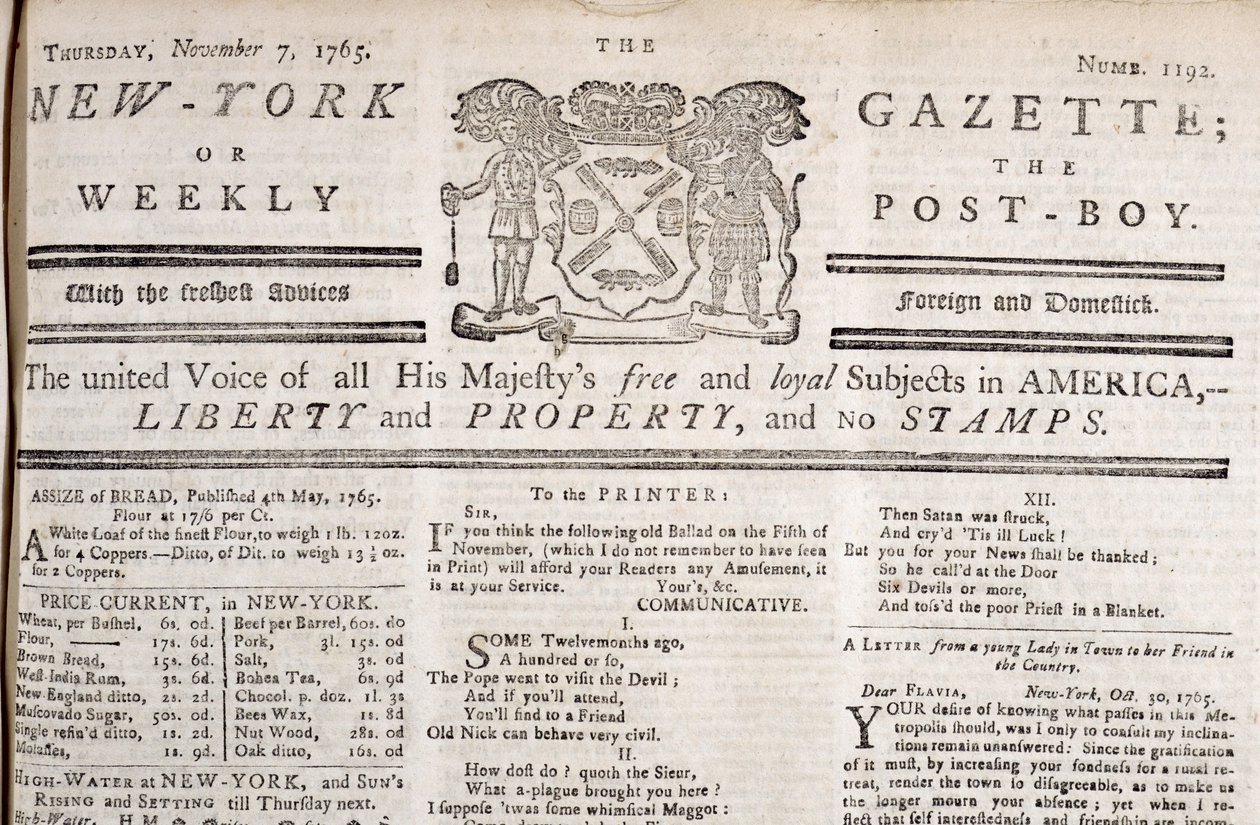 A New York Gazette fejléce, amely kijelenti, hogy ellenzi a bélyegeket, 1765. november 7-én nyomtatva (nyomtatott) alkotó: American School