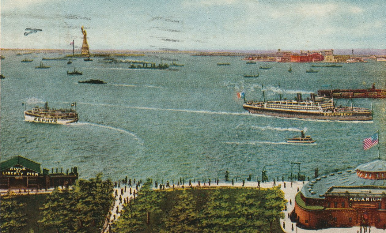 New York-i kikötő az akkumulátorból, a Szabadság-szobor és az Ellis-sziget látható, 1910 körül alkotó: American School