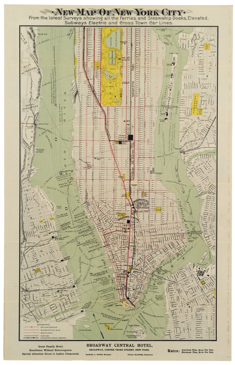 New York City új térképe a legfrissebb felmérésekből, amelyen az összes komp- és gőzhajó-kikötő látható, megemelt, elektromos metró [sic] és városi autók vonala alkotó: American School