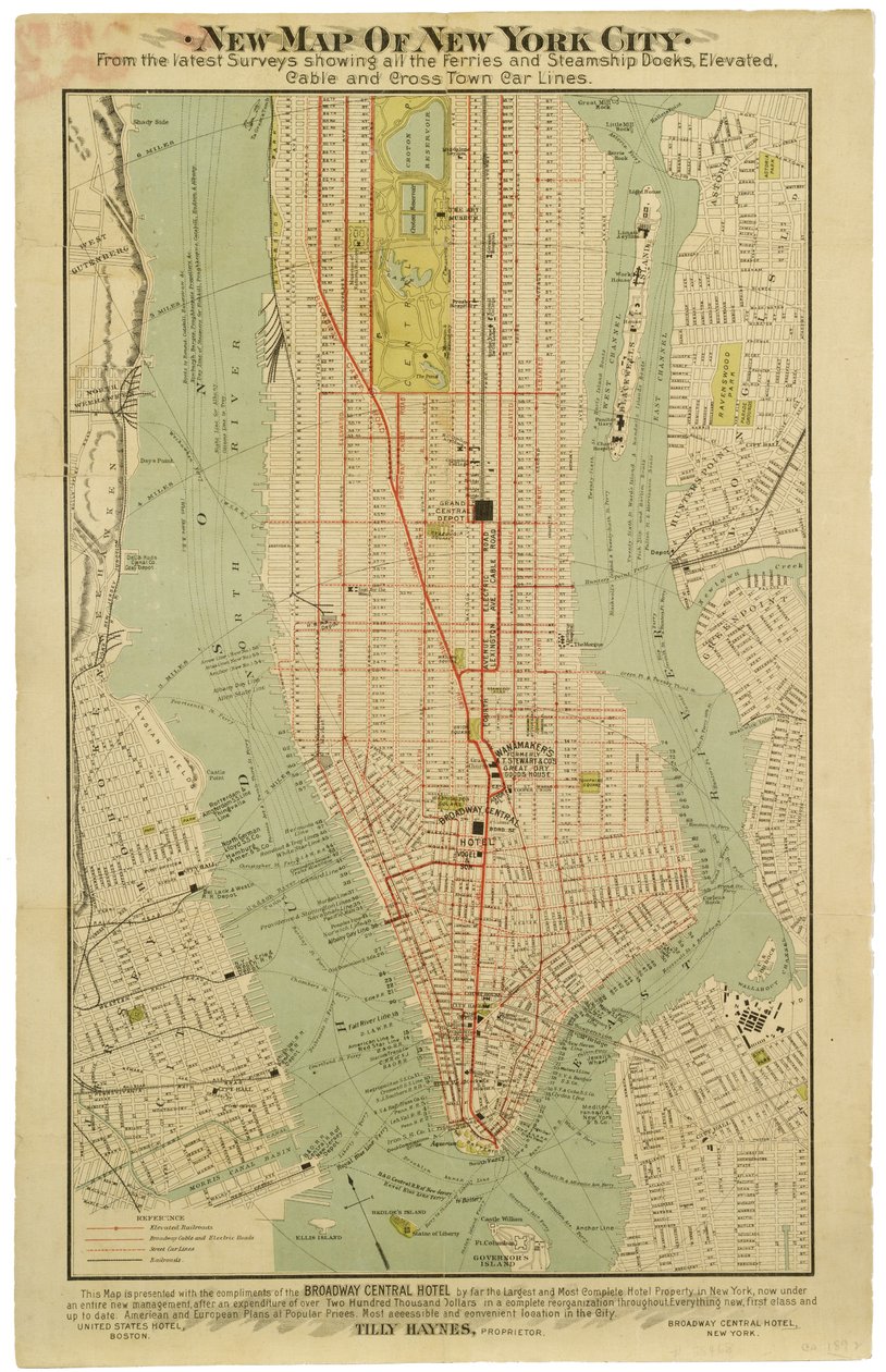 New York City új térképe a legfrissebb felmérésekből, amelyen az összes komp- és gőzhajó-kikötő, magaslati, elektromos metró [sic] és városi autók vonala látható. alkotó: American School