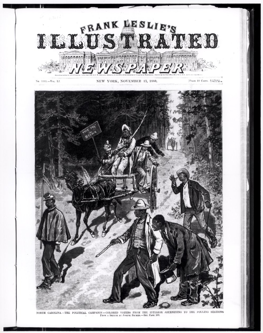 Észak-Karolina, a politikai kampány: Színes szavazók a belterületről, utazás a szavazóhelyiségekbe, „Frank Leslie Illustrated Newspaper”-ből, 1880. november 13. (metszet) (fekete-fehér fotó) alkotó: American School