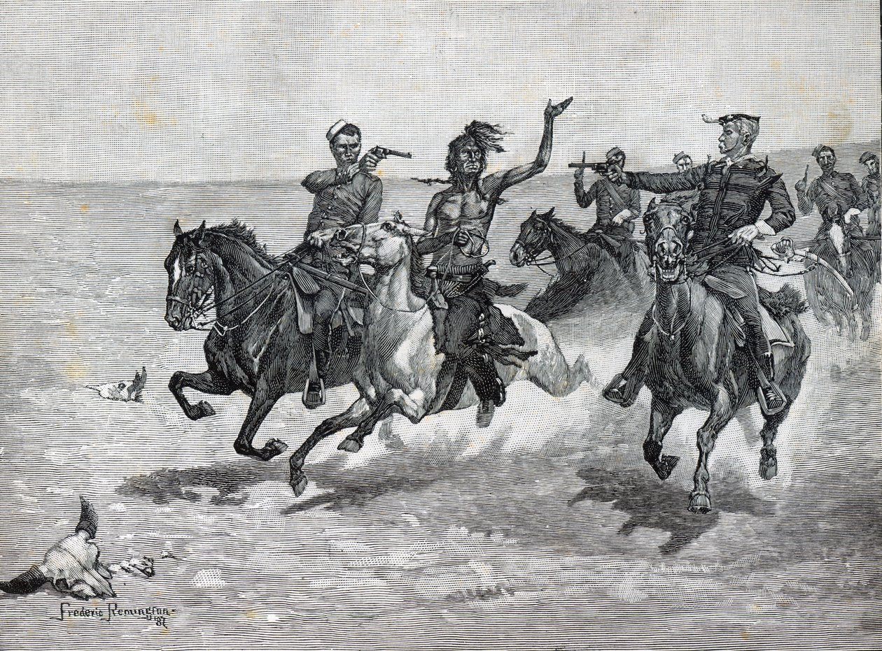 Északnyugati lovasrendőrség „Blackfeet-gyilkos letartóztatása” (litho) alkotó: American School