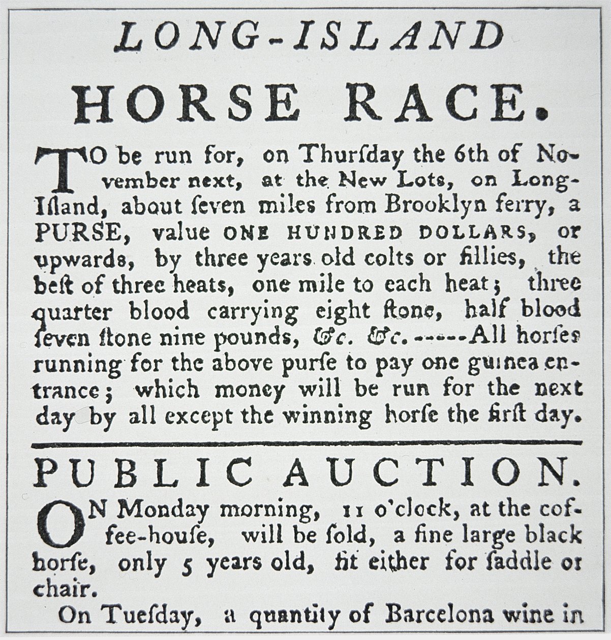 Értesítés egy lóversenyről Long Islanden, a New York-i Rivington