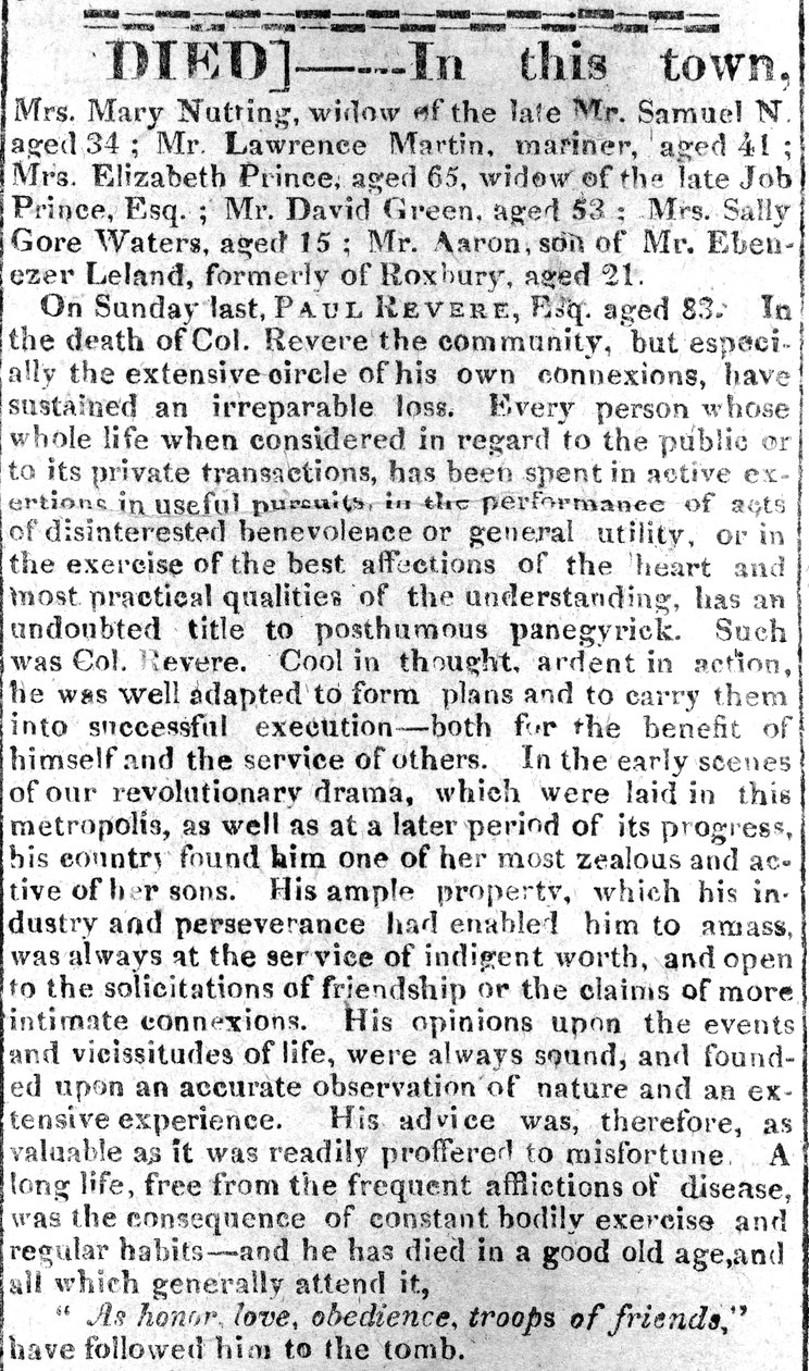 A Boston Intelligencer gyászjelentése, 1818. május 16. (nyomtatott) alkotó: American School