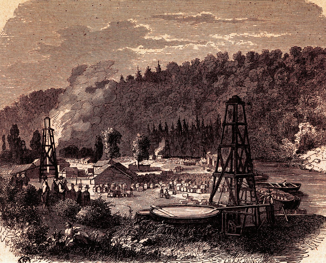 Olajmezők a pennsylvaniai Titusville-ben, az első Derrick kúttal Edwin Laurentine Drake találta fel 1859-ben, metszet, USA alkotó: American School