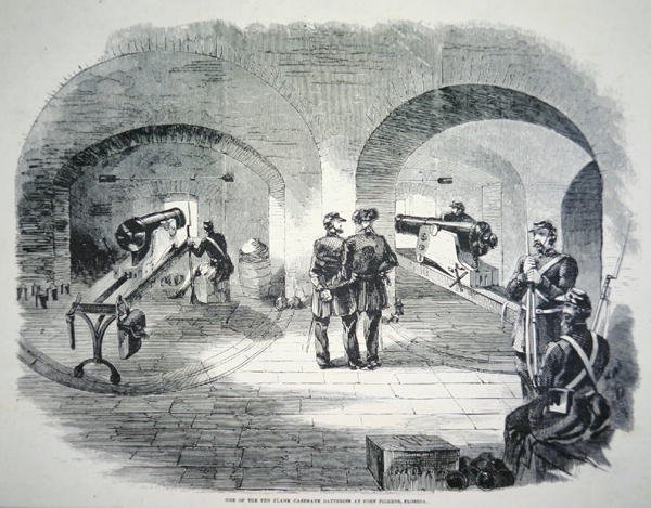 „A floridai Fort Dickens tíz oldalsó kazamata akkumulátorának egyike”, az Unió felügyelete alatt 1861-ben (litho) alkotó: American School
