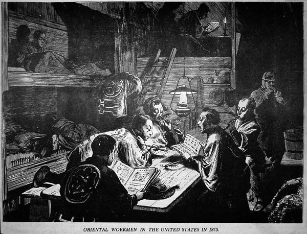 Keleti (kínai) munkások az Egyesült Államokban 1875-ben (litho) alkotó: American School