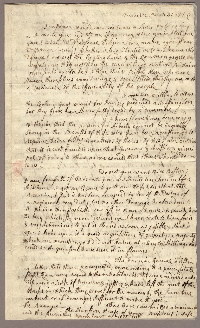 1. oldal, Abigail Adams levele John Adamsnek, 1776. március 31. - április 5. (tinta papíron) alkotó: American School