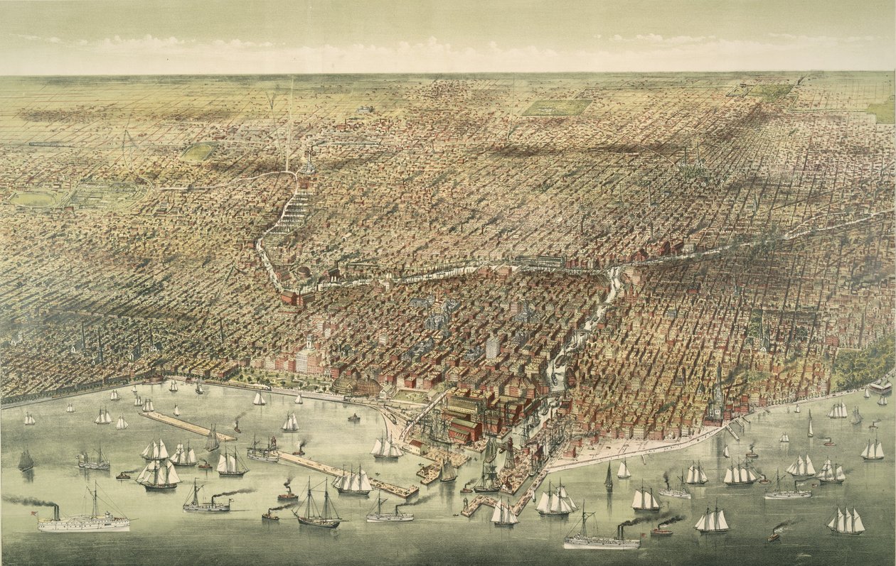 Chicago városának panorámaképe, pub. 1892 (színes litográfia) alkotó: American School