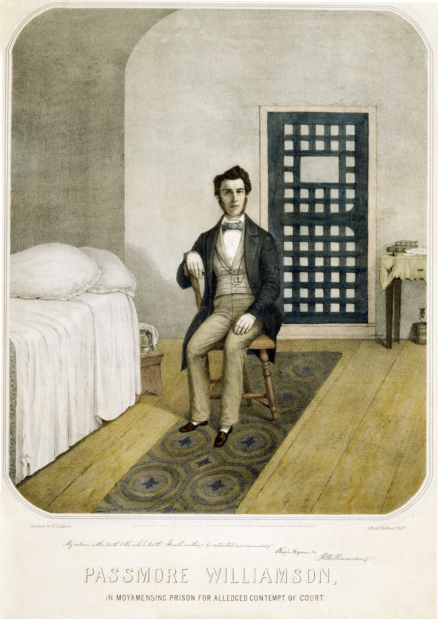 Passmore Williamson a Moyamensing börtönben a bíróság állítólagos megsértése miatt, pub. 1855 (színes litográfia) alkotó: American School