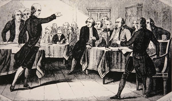 Patrick Henry a virginiai közgyűlés előtt 1775 márciusában (litho) alkotó: American School