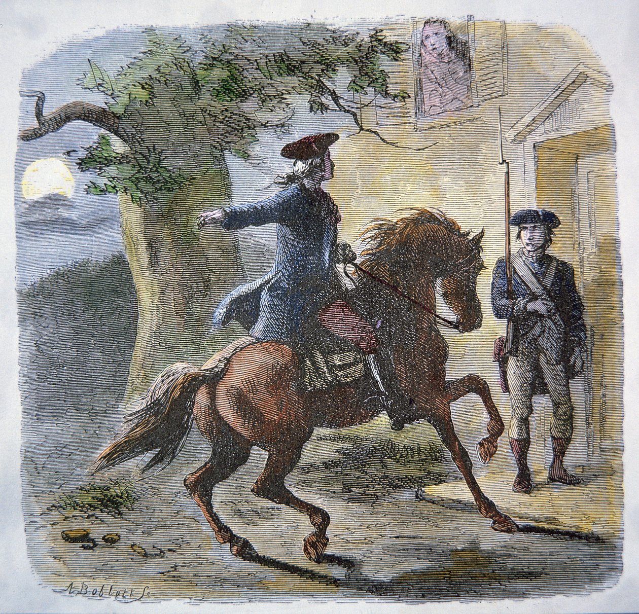 Paul Revere híres lovaglása 1775. április 18-án éjjel (színes litó) alkotó: American School