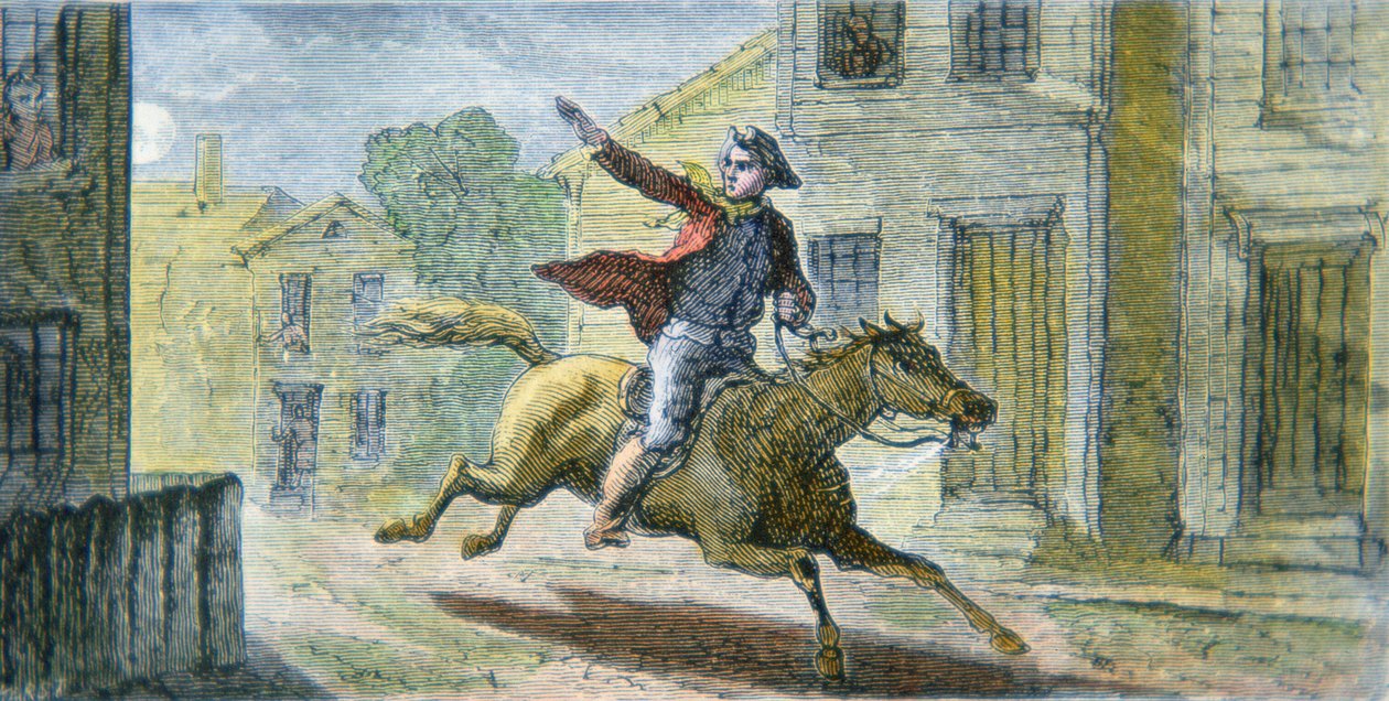 Paul Revere híres lovaglása 1775. április 18-án éjjel (színes litó) alkotó: American School