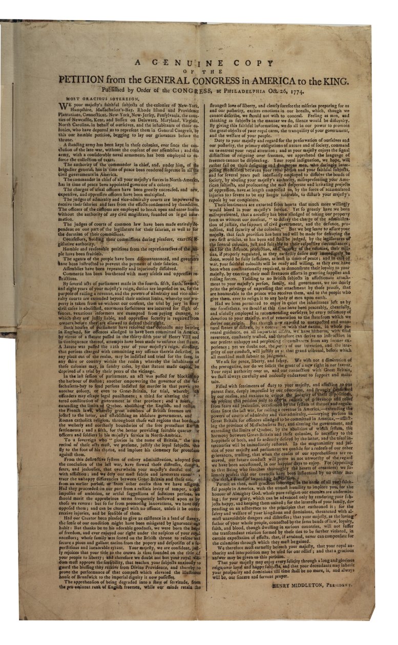Az Amerikai Általános Kongresszus petíciója a királyhoz, Kontinentális Kongresszus, 1774. október 26. alkotó: American School