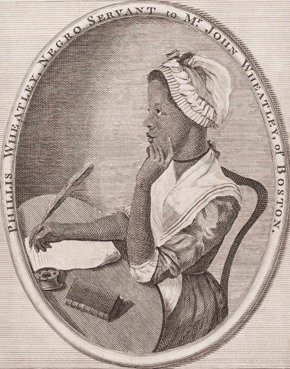 Philiis Wheatley (1753-1784). Afroamerikai költő. Gravírozott címlaplapja „Poems” című művéhez, 1773. alkotó: American School
