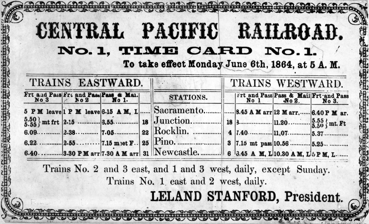 A Central Pacific Railroad Company 1864. június 6-i eredeti menetrendjének fényképnyomata alkotó: American School