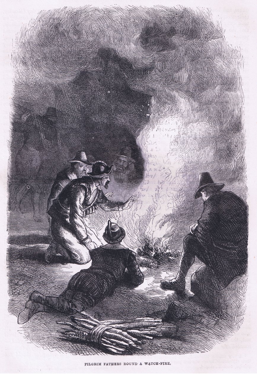 Zarándok atya egy óratűz körül, illusztráció Cassell története az Egyesült Államok pubjából. készítette: Petter & Galpin 1890 körül (litho) alkotó: American School