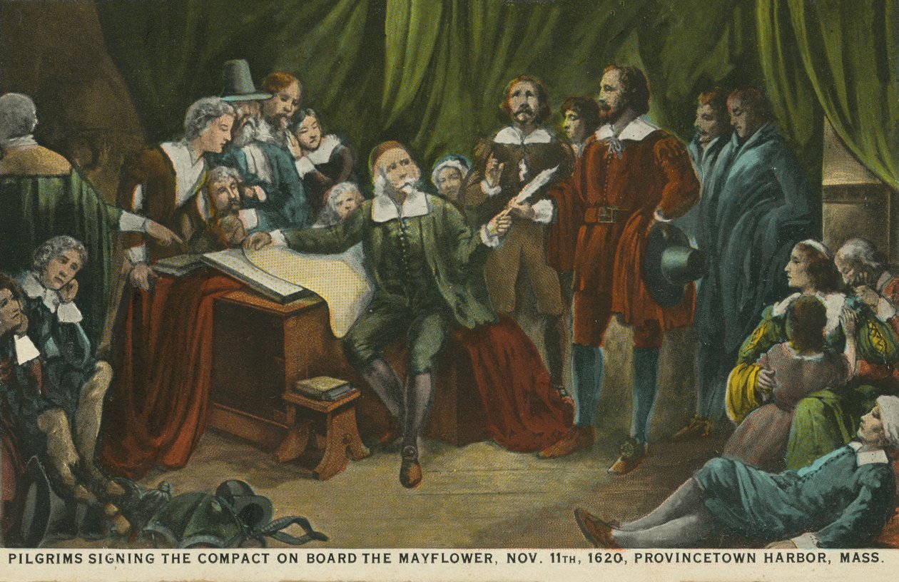 A zarándokok aláírják a szerződést a Mayflower fedélzetén, Princetown kikötője, Massachusetts állam alkotó: American School
