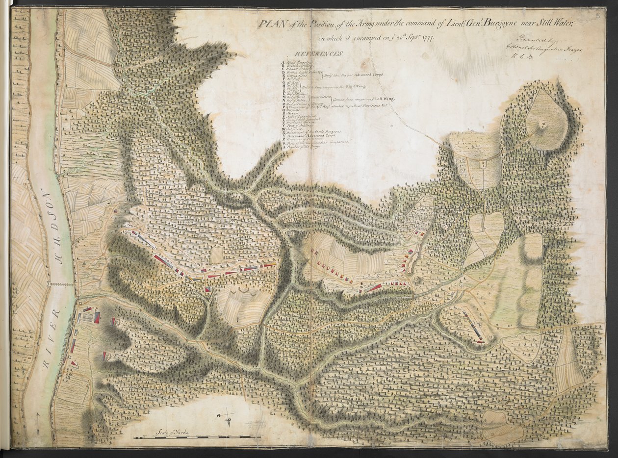 A hadsereg beosztásának terve hadnagy parancsnoksága alatt. Genl. Burgoyne a Still Water közelében, amelyben tábort ütött rajtatok. 1777. szeptember 20 alkotó: American School
