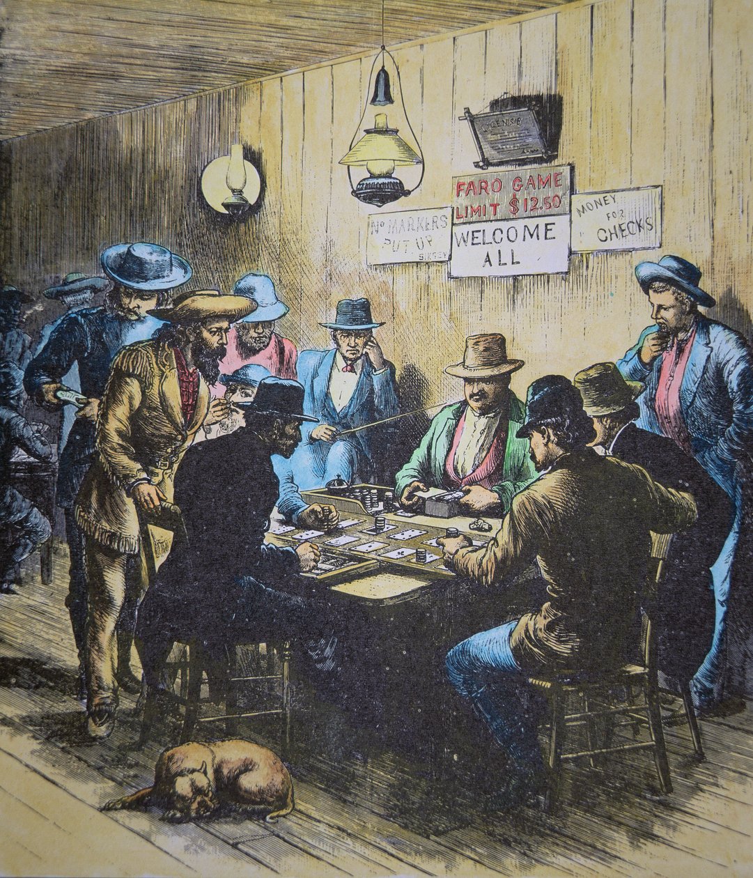 Faro játéka egy szalonban Cheyenne-ben, Wyomingban, 1870 körül (színes metszet) alkotó: American School
