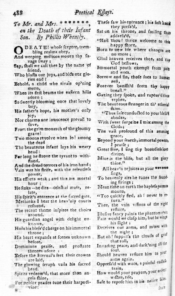 Phillis Wheatly egy házaspárnak írt verse gyermekük haláláról, megjelent a Boston Magazine-ban, 1783-84 (nyomtatott) alkotó: American School