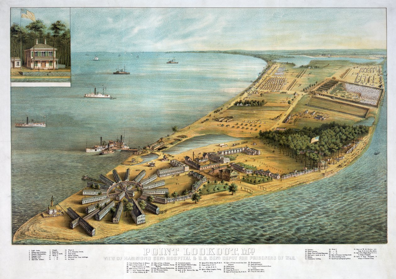Point Lookout, MD – Kilátás a Hammond General Hospitalra és az Egyesült Államok hadifogolyraktárára, pub. 1864 alkotó: American School